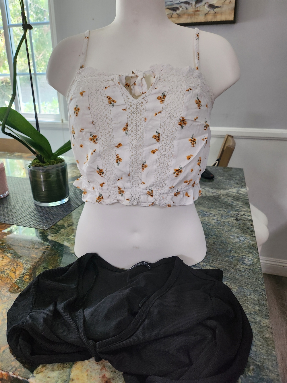 Aeropostale White Cropped Floral Smocked Cami with Yellow Blossoms